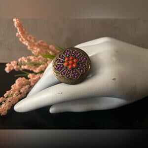 Bohemian Brass w/Coral & Purple Stone Locket Ring sz 8